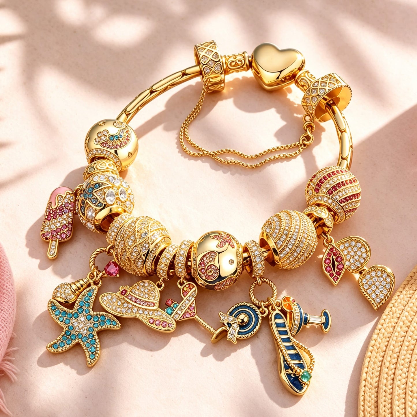 Sterling Silver Beachside Glamour Charms Bracelet Set In 14K Gold Plated (Includes bracelet and all charms shown)