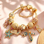 Sterling Silver Beachside Glamour Charms Bracelet Set In 14K Gold Plated (Includes bracelet and all charms shown)