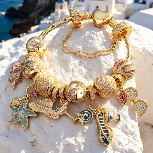 gona- Sterling Silver Beachside Glamour Charms Bracelet Set In 14K Gold Plated (Includes bracelet and all charms shown)