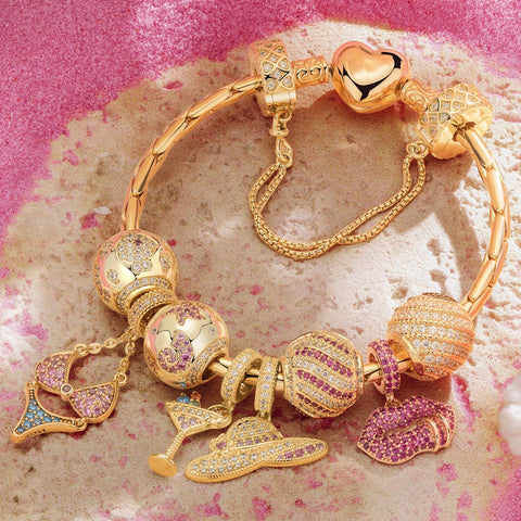 Sterling Silver Seaside Chic Charms Bracelet Set In 14K Gold Plated (Includes bracelet and all charms shown)