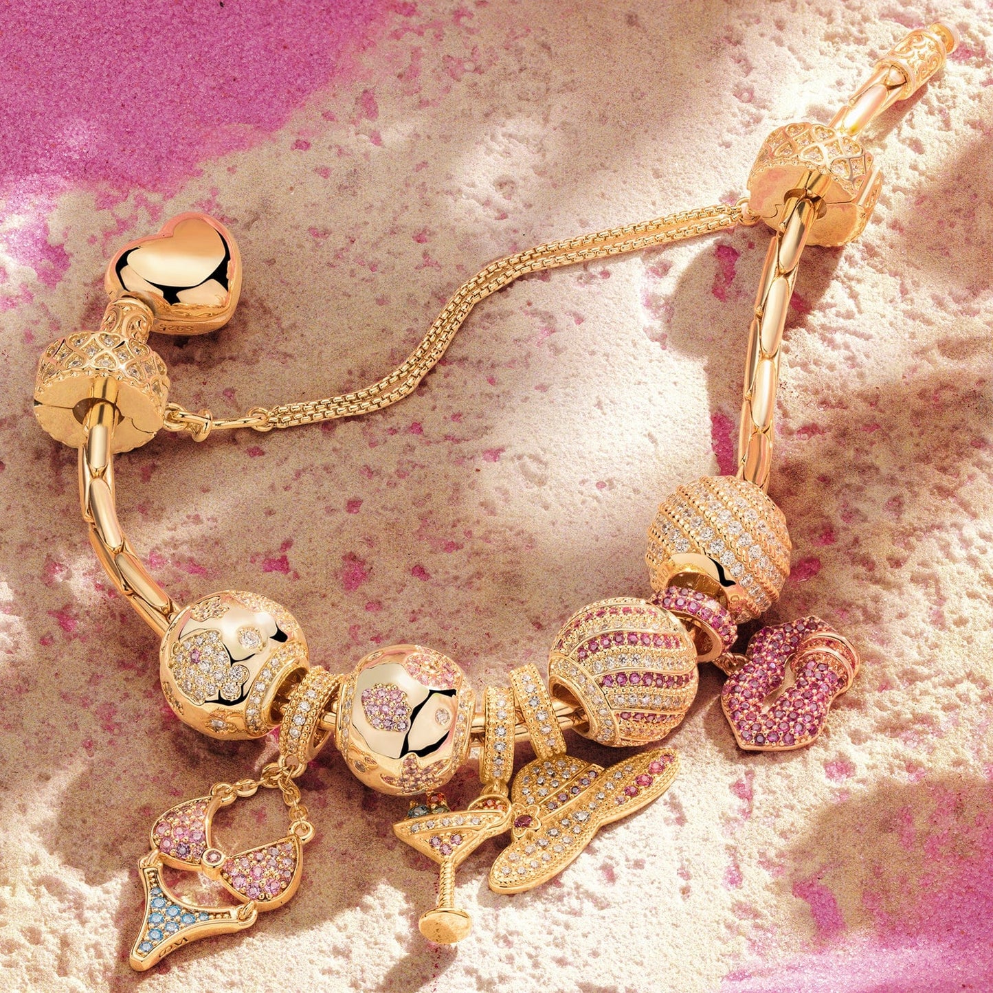 Sterling Silver Seaside Chic Charms Bracelet Set In 14K Gold Plated (Includes bracelet and all charms shown)