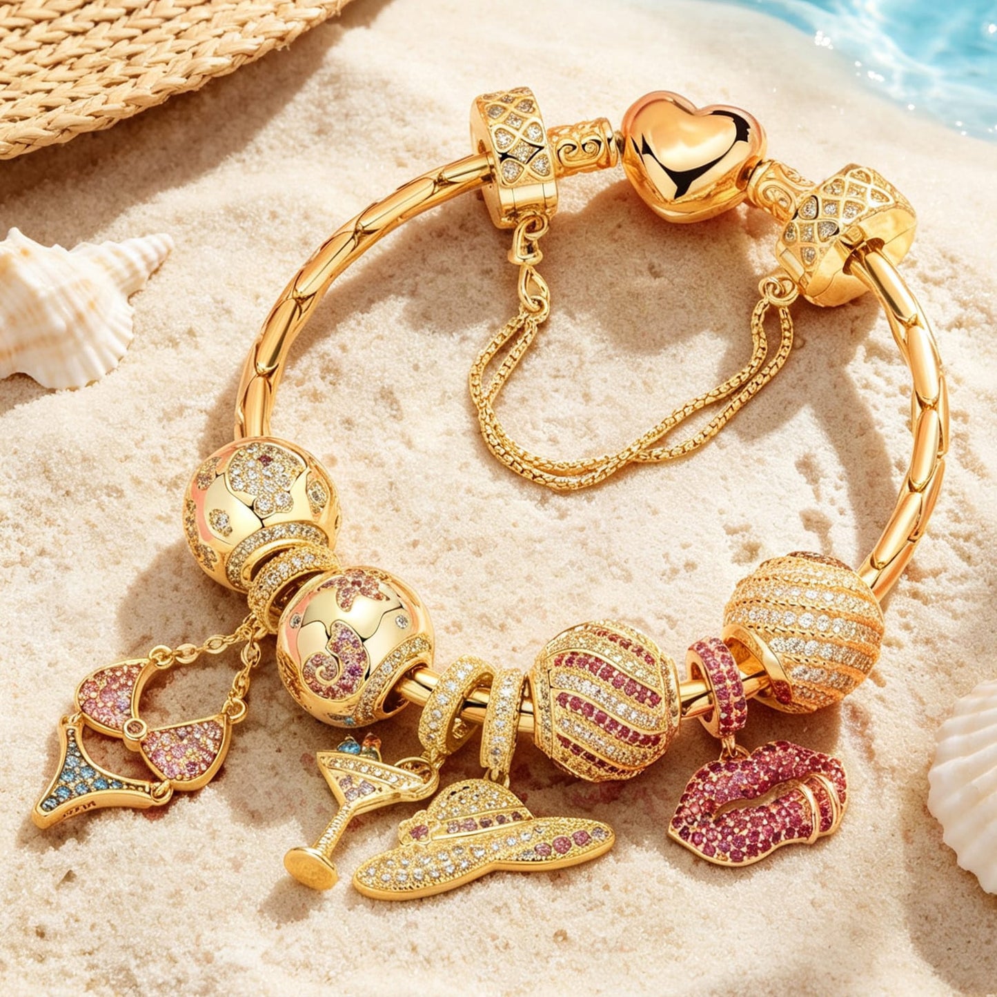 Sterling Silver Seaside Chic Charms Bracelet Set In 14K Gold Plated (Includes bracelet and all charms shown)