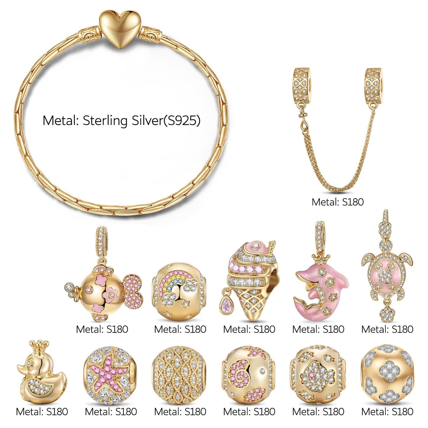 Sterling Silver Horizon Gleam Charms Bracelet Set In 14K Gold Plated (Includes bracelet and all charms shown)