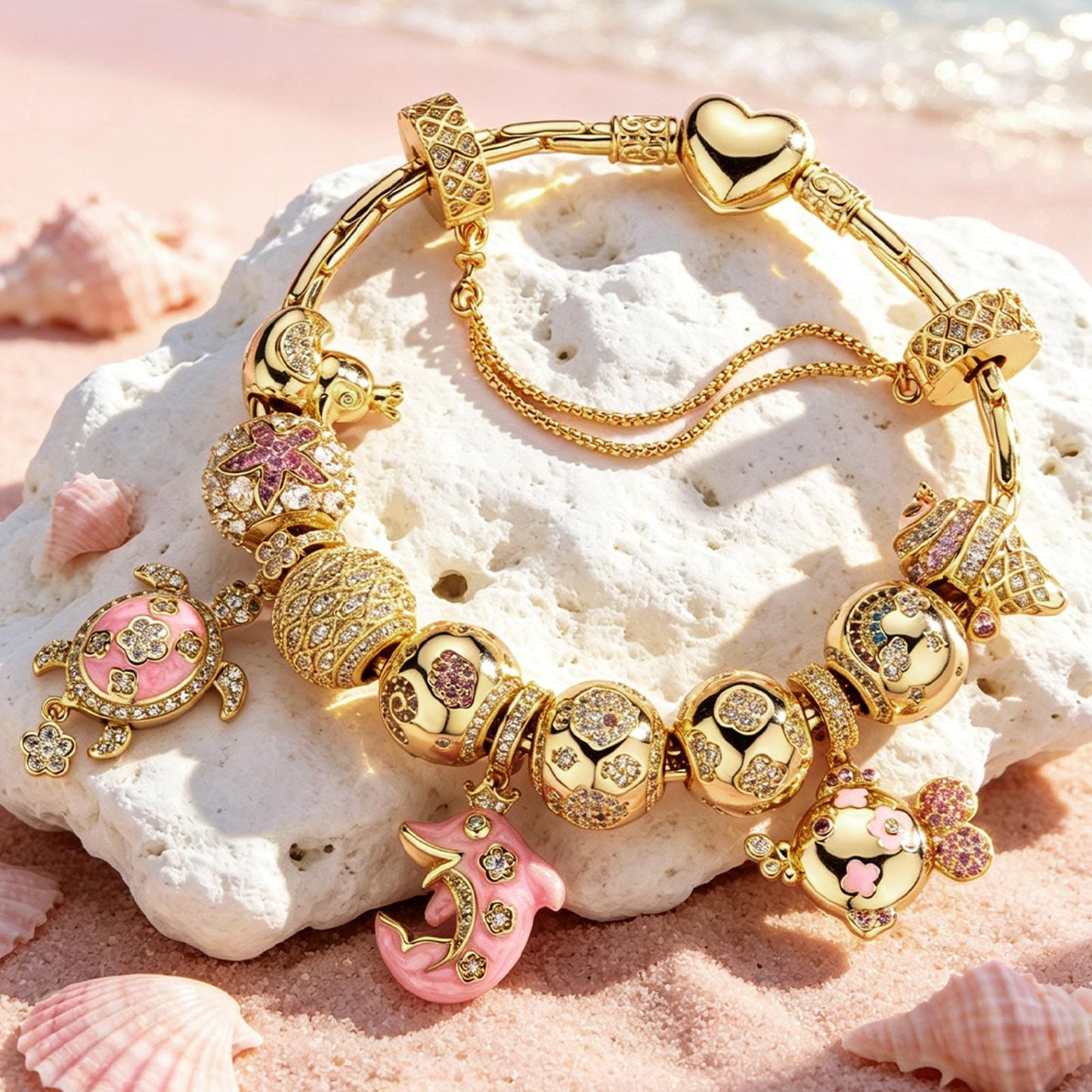 Sterling Silver Horizon Gleam Charms Bracelet Set In 14K Gold Plated (Includes bracelet and all charms shown)