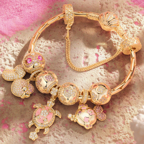 Sterling Silver Sun-Kissed Treasures Charms Bracelet Set In 14K Gold Plated (Includes bracelet and all charms shown)