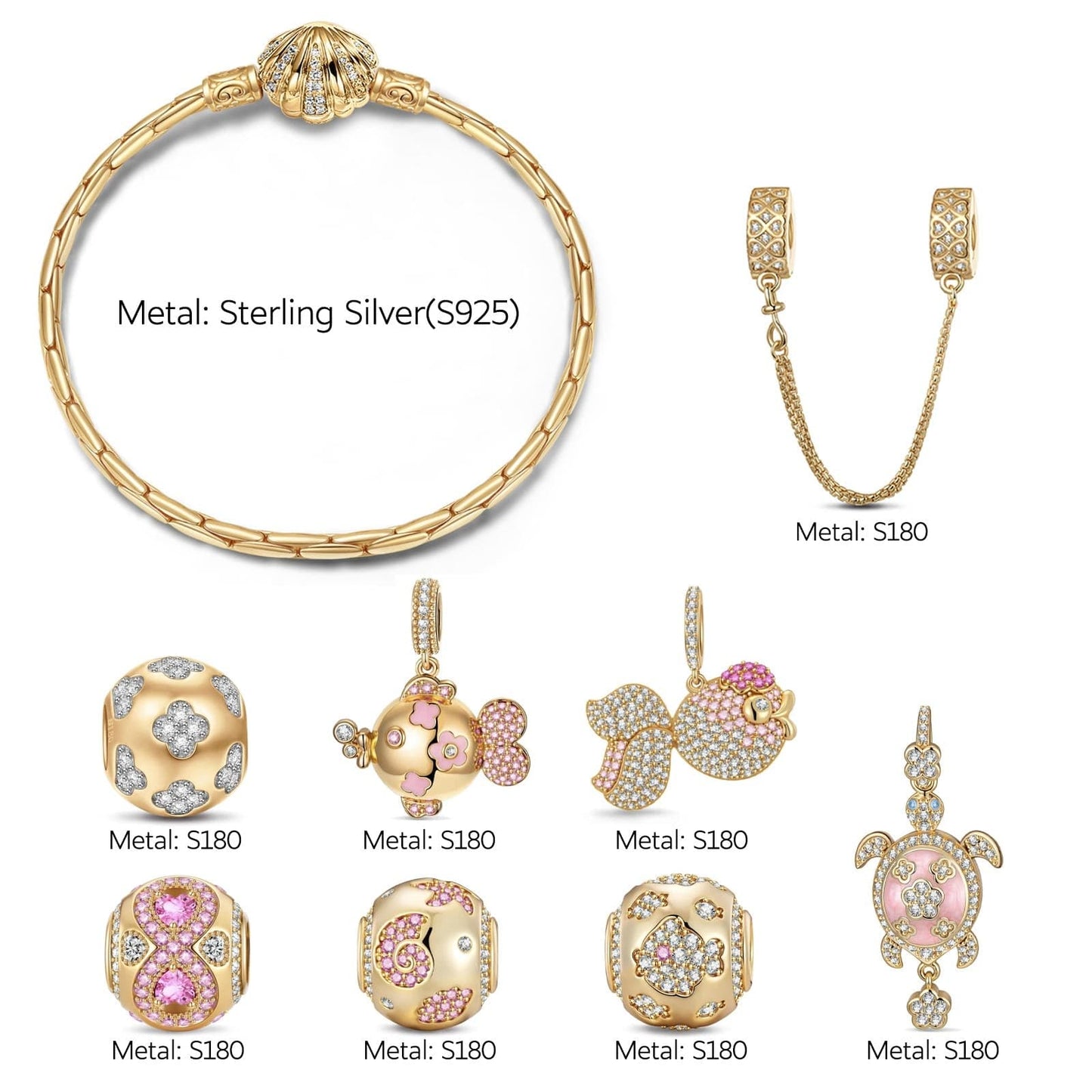 Sterling Silver Sun-Kissed Treasures Charms Bracelet Set In 14K Gold Plated (Includes bracelet and all charms shown)
