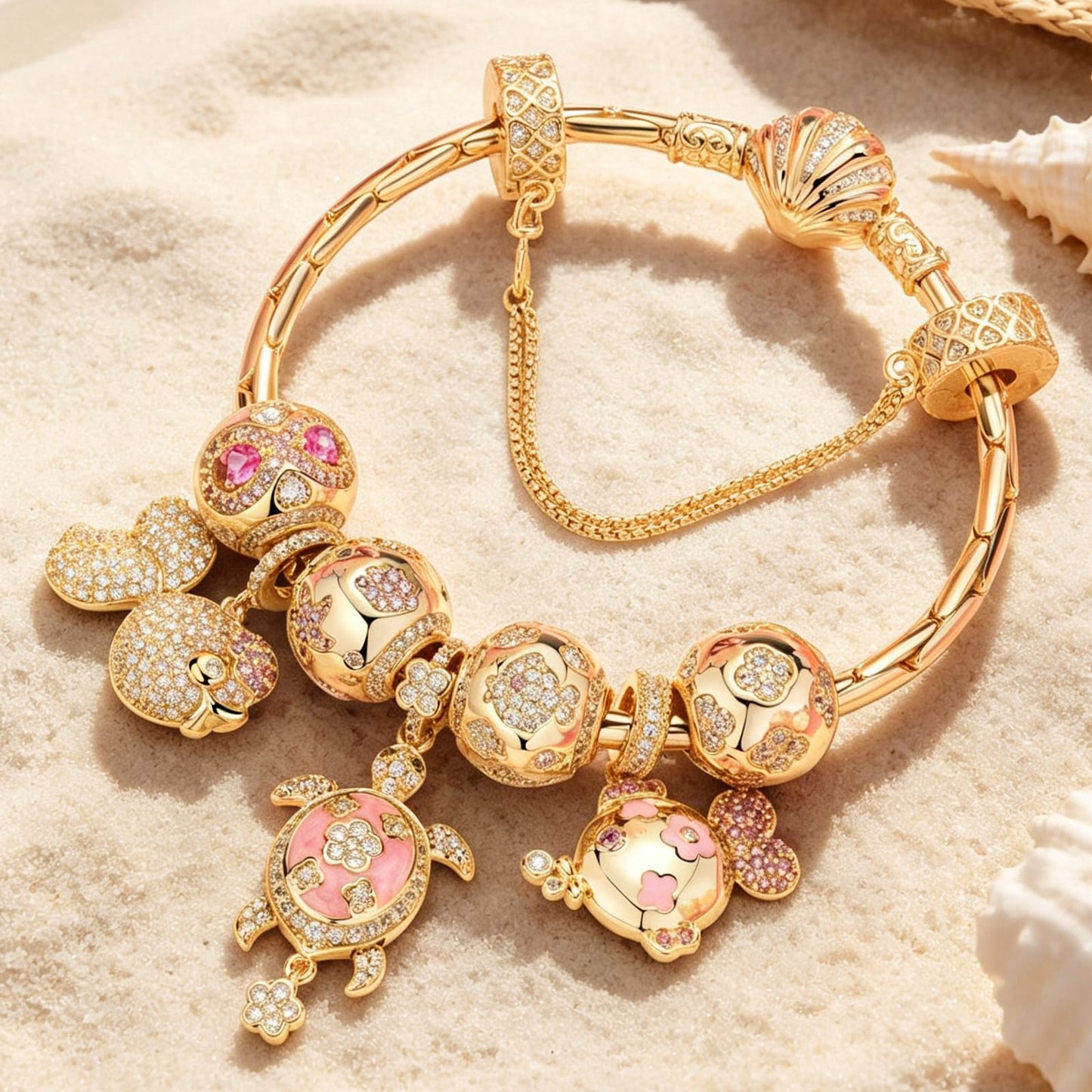 Sterling Silver Sun-Kissed Treasures Charms Bracelet Set In 14K Gold Plated (Includes bracelet and all charms shown)