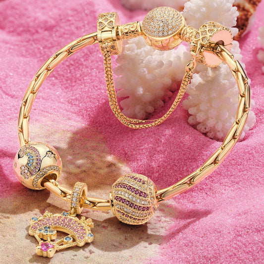 gona- Sterling Silver Pink Sky Adventures Charms Bracelet Set In 14K Gold Plated (Includes bracelet and all charms shown)