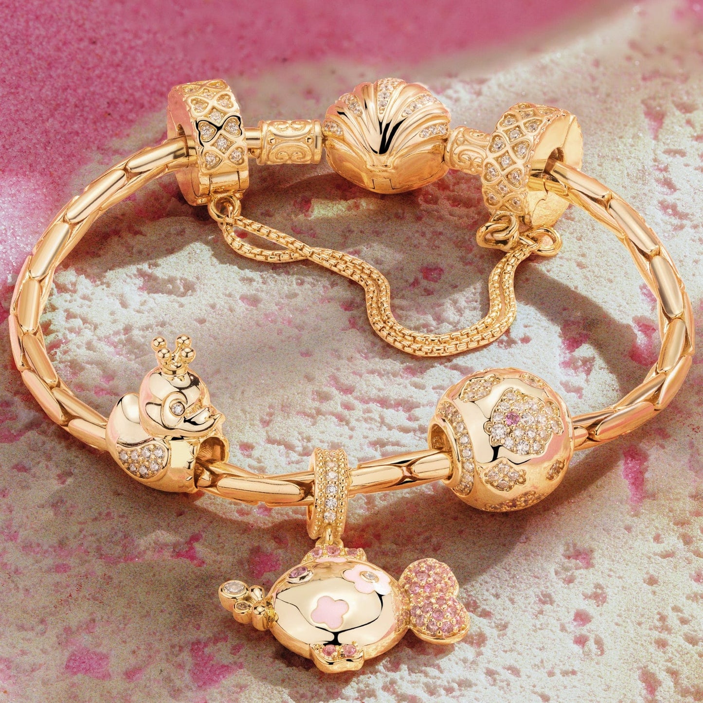Sterling Silver Seaside Memories Charms Bracelet Set In 14K Gold Plated (Includes bracelet and all charms shown)