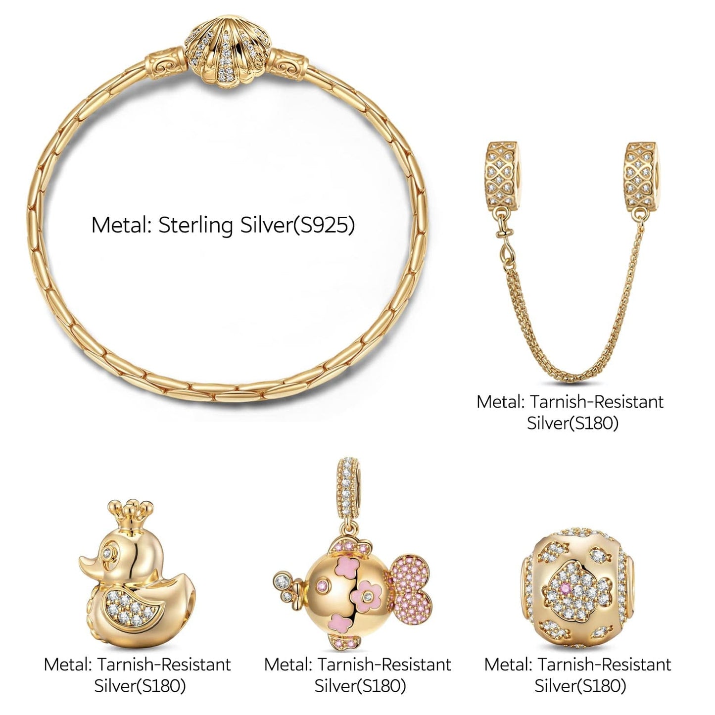 Sterling Silver Seaside Memories Charms Bracelet Set In 14K Gold Plated (Includes bracelet and all charms shown)
