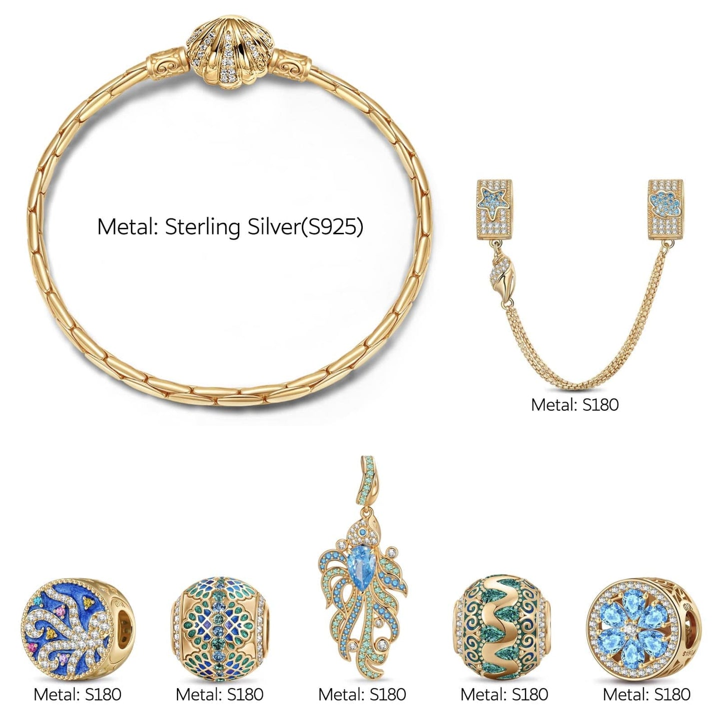 Sterling Silver Sunken Symphony Charms Bracelet Set In 14K Gold Plated (Includes bracelet and all charms shown)
