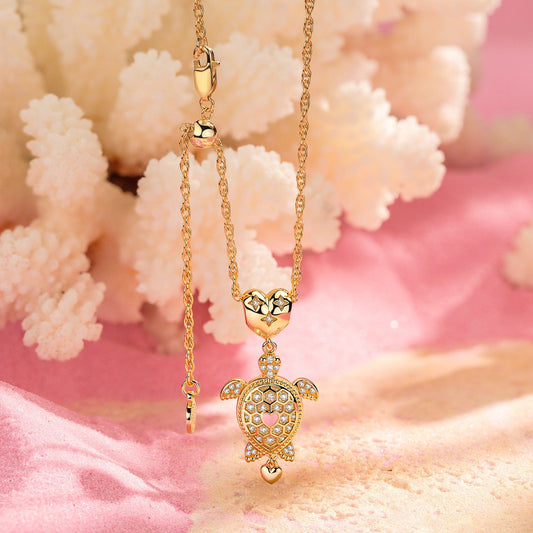 gona- Sterling Silver Adjustable Rope Chain Necklace with Slider Clasp Heartfelt Turtle Charms Necklace Set In 14K Gold Plated