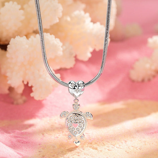 gona- Sterling Silver Classic Bamboo Chain Necklace Heartfelt Turtle Charms Necklace Set In White Gold Plated