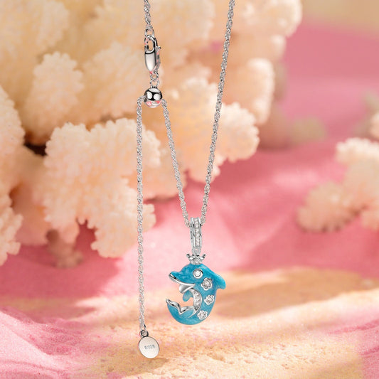 gona- Sterling Silver Adjustable Rope Chain Necklace with Slider Clasp Glowing Dolphin Charms Necklace Set With Enamel In White Gold Plated