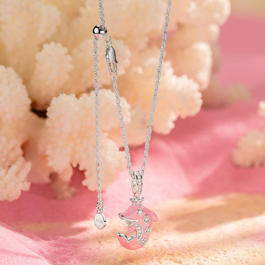 gona- Sterling Silver Adjustable Rope Chain Necklace with Slider Clasp Glowing Dolphin Charms Necklace Set With Enamel In White Gold Plated