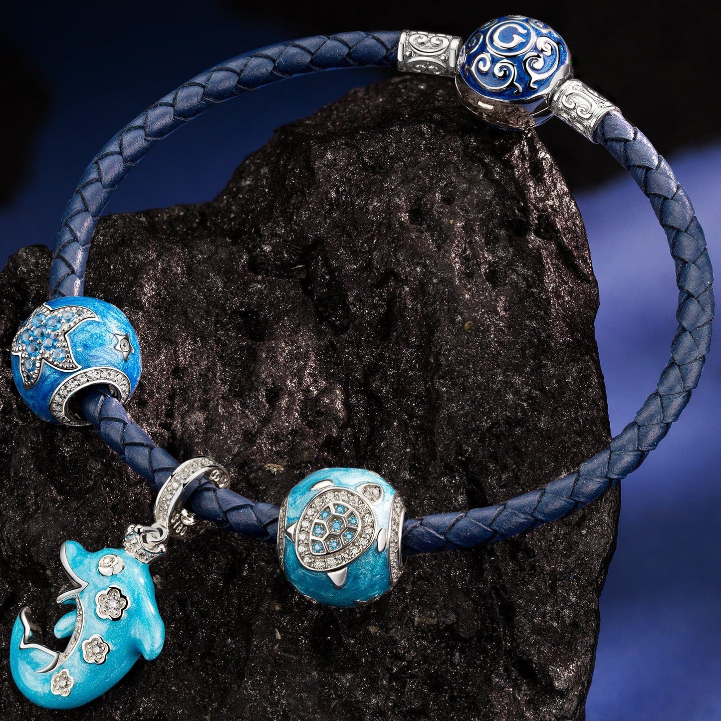 Sterling Silver Dolphin Dawn Charms Bracelet Set In White Gold Plated (Includes bracelet and all charms shown)