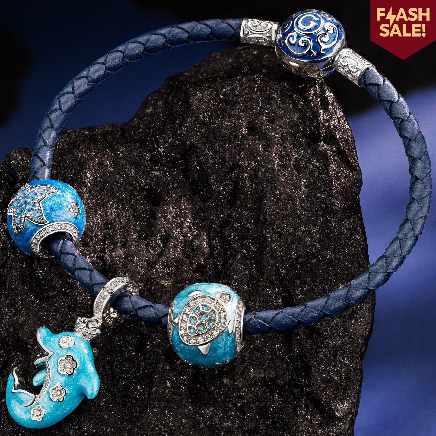 Sterling Silver Dolphin Dawn Charms Bracelet Set In White Gold Plated (Includes bracelet and all charms shown)