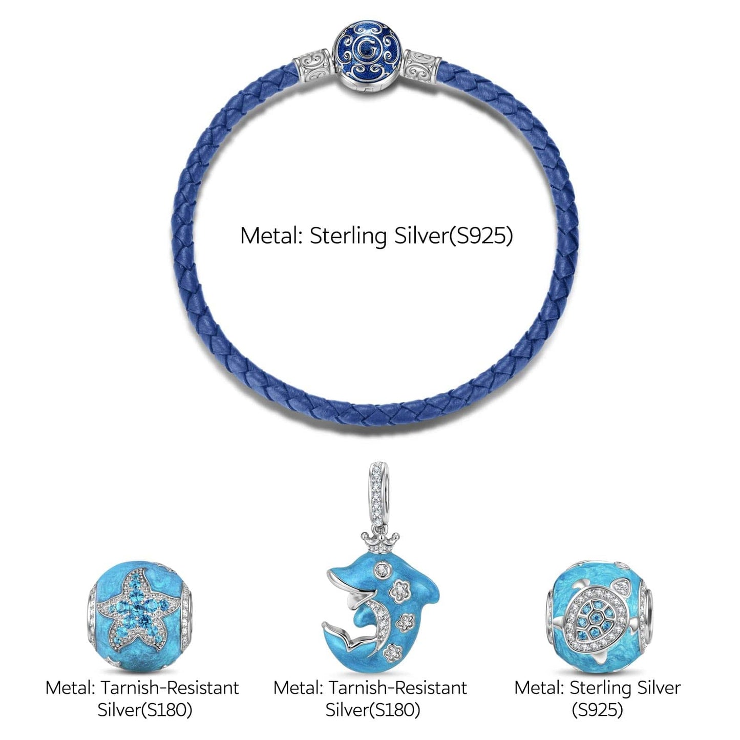 Sterling Silver Dolphin Dawn Charms Bracelet Set In White Gold Plated (Includes bracelet and all charms shown)