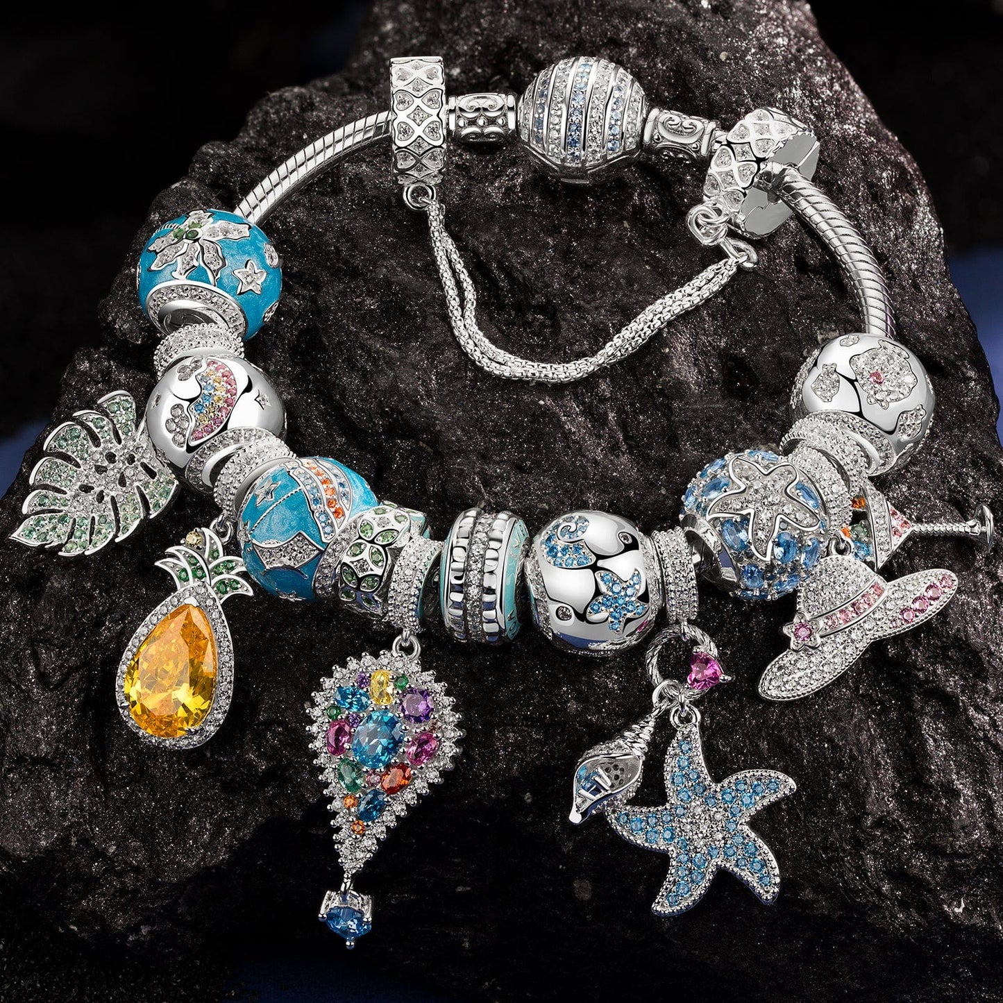 Sterling Silver Coastal Summer Charms Bracelet Set In White Gold Plated (Includes bracelet and all charms shown)