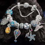 Sterling Silver Coastal Summer Charms Bracelet Set In White Gold Plated (Includes bracelet and all charms shown)