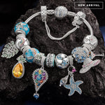 Sterling Silver Coastal Summer Charms Bracelet Set In White Gold Plated (Includes bracelet and all charms shown)