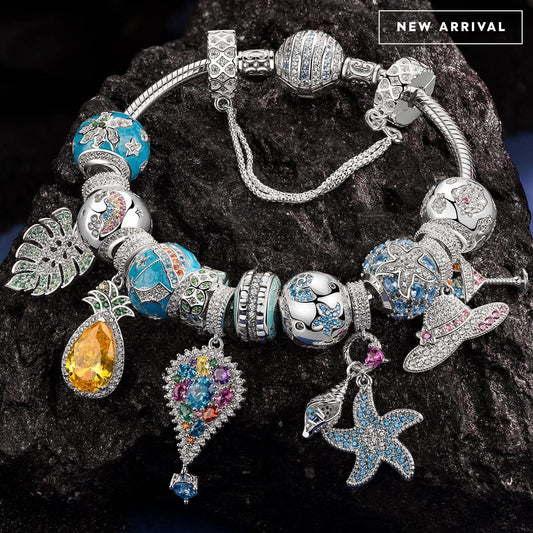 gona- Sterling Silver Coastal Summer Charms Bracelet Set In White Gold Plated (Includes bracelet and all charms shown)