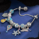 Sterling Silver Coastal Summer Charms Bracelet Set In White Gold Plated (Includes bracelet and all charms shown)