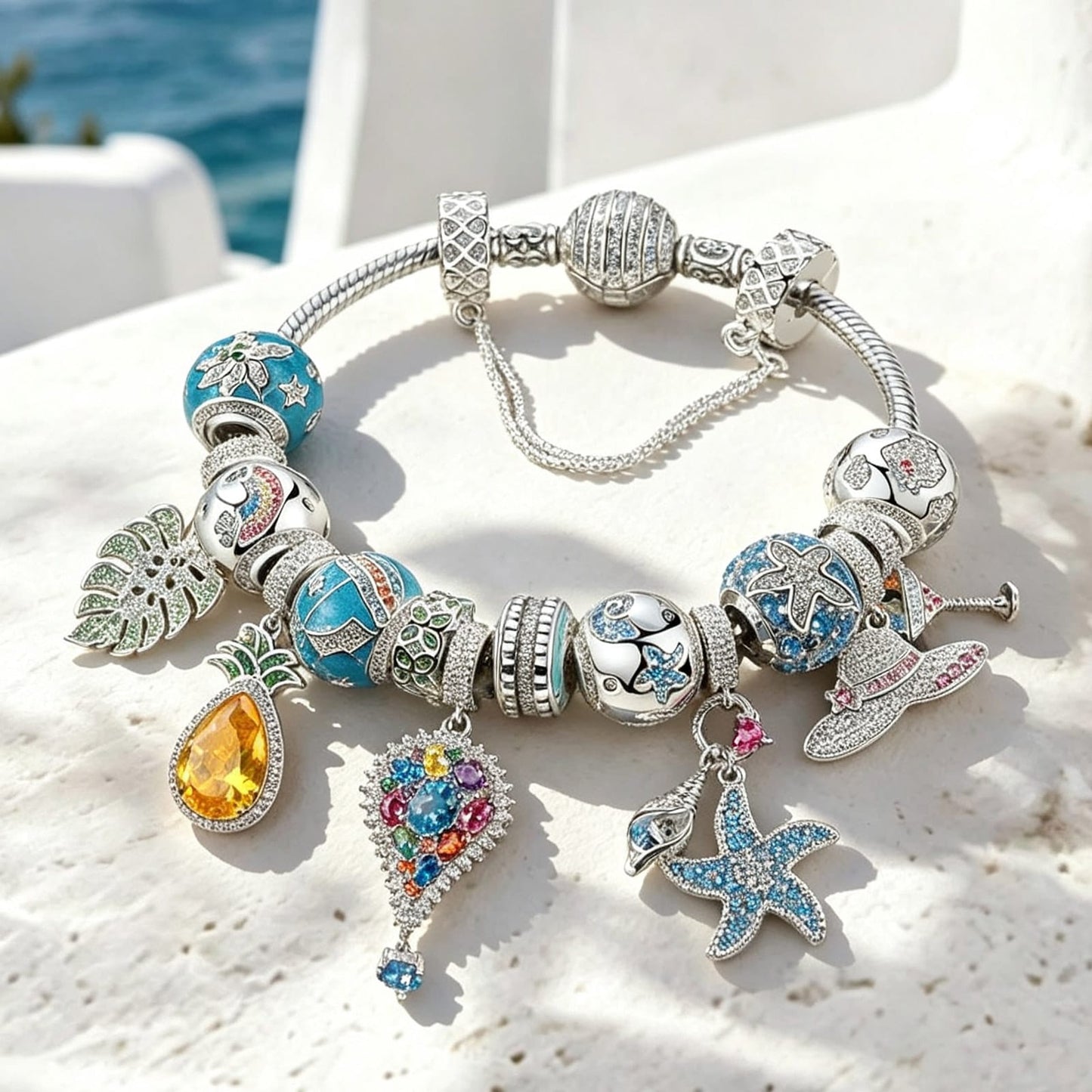 Sterling Silver Coastal Summer Charms Bracelet Set In White Gold Plated (Includes bracelet and all charms shown)