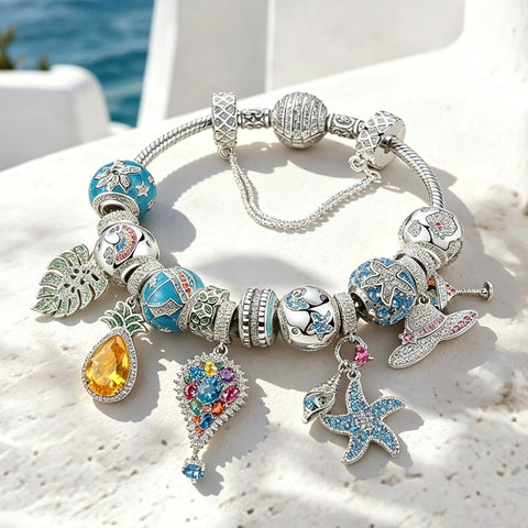Sterling Silver Coastal Summer Charms Bracelet Set In White Gold Plated (Includes bracelet and all charms shown)