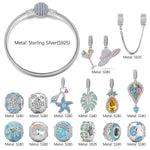 Sterling Silver Coastal Summer Charms Bracelet Set In White Gold Plated (Includes bracelet and all charms shown)