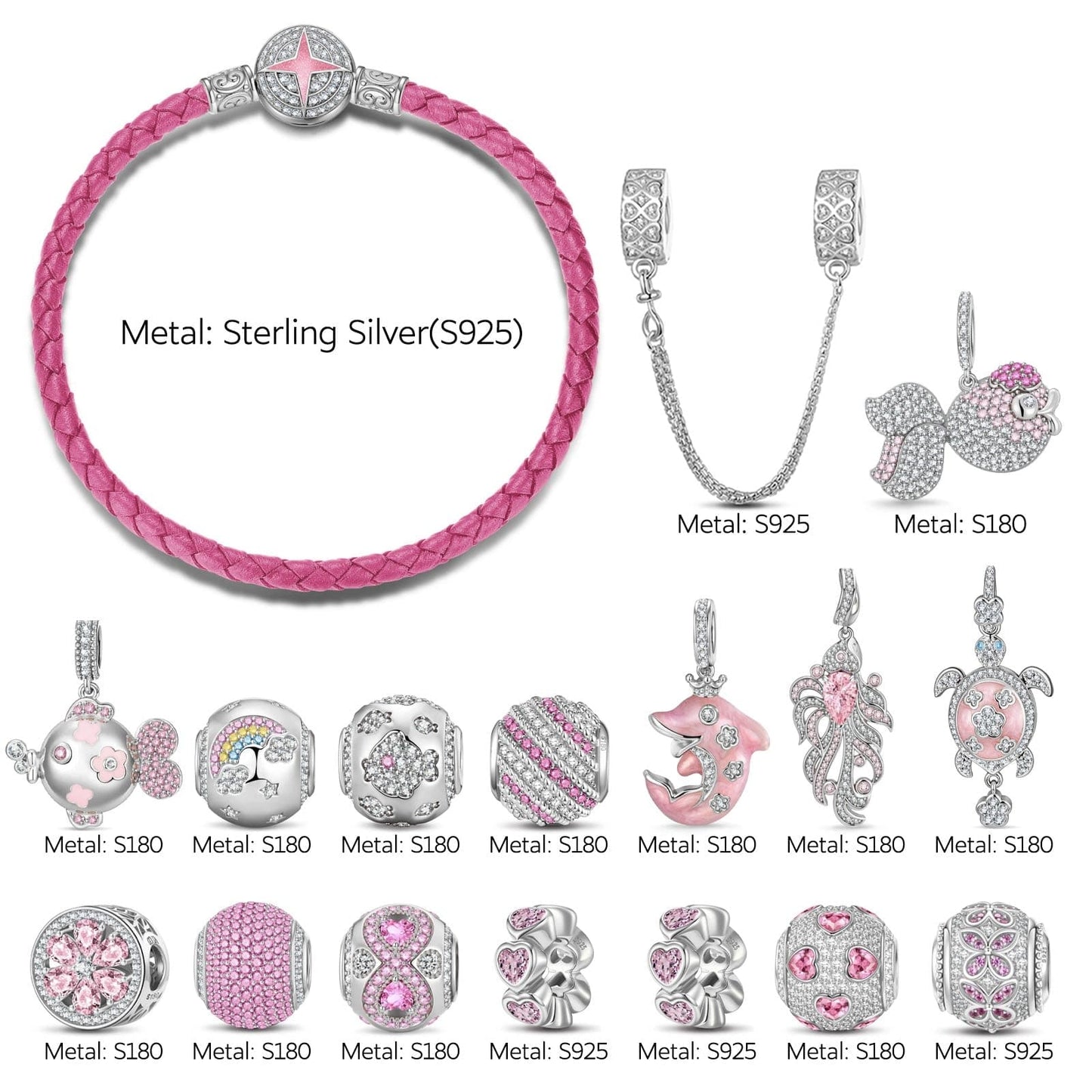 Sterling Silver Pastel Oceanic Dreams Charms Bracelet Set In White Gold Plated (Includes bracelet and all charms shown)