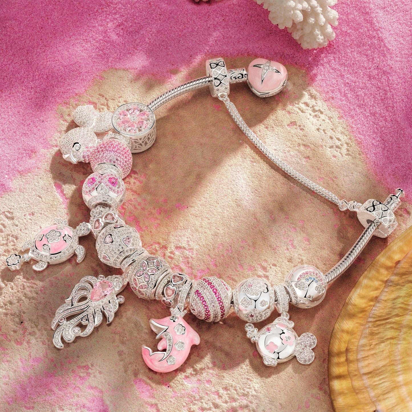 Sterling Silver Pastel Oceanic Dreams Charms Bracelet Set In White Gold Plated (Includes bracelet and all charms shown)