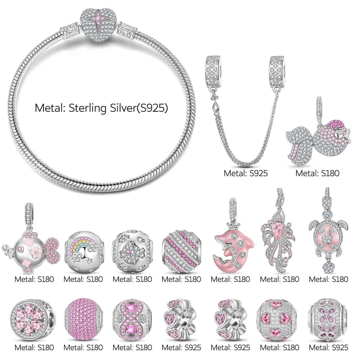 Sterling Silver Pastel Oceanic Dreams Charms Bracelet Set In White Gold Plated (Includes bracelet and all charms shown)