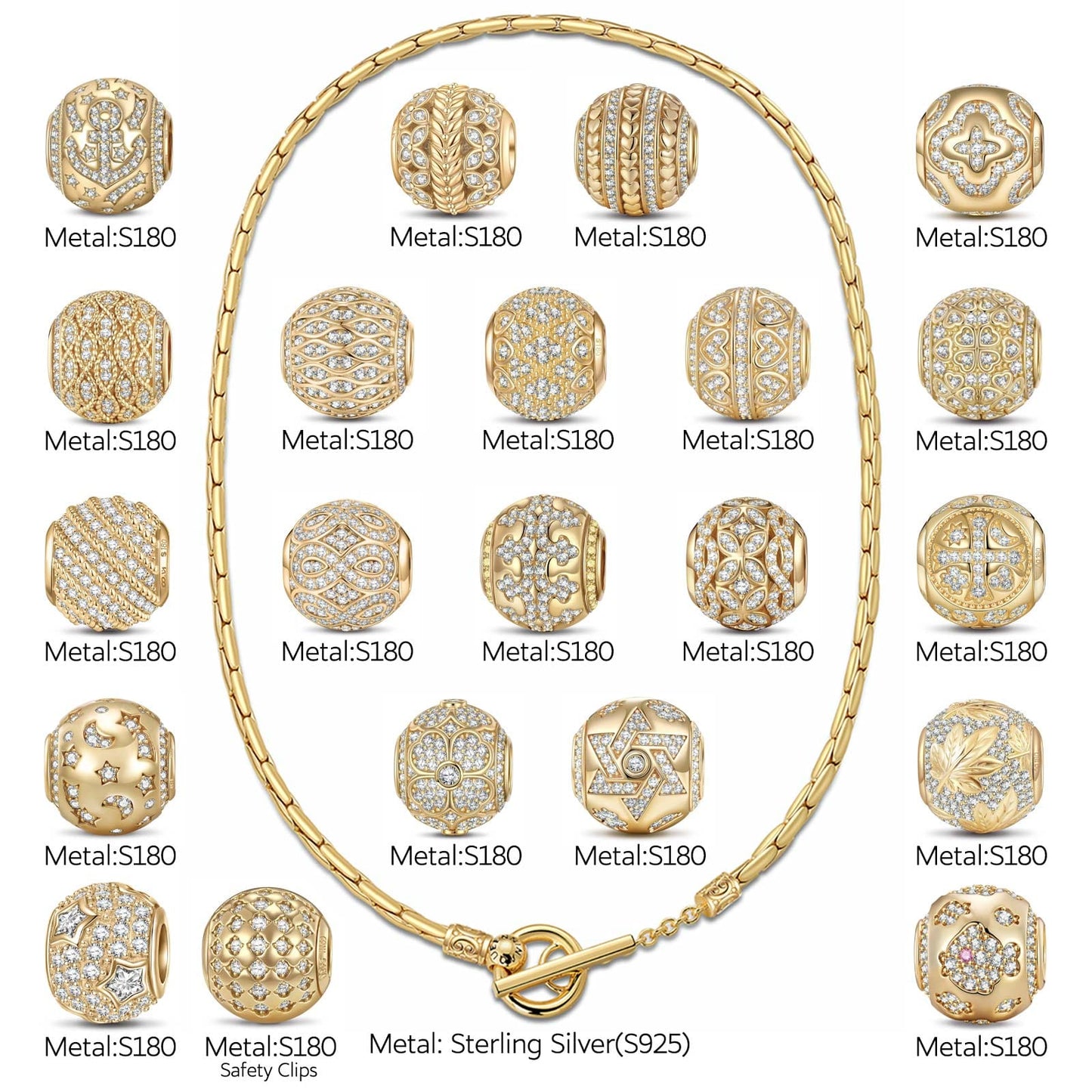 Sterling Silver Classic Bamboo Chain Necklace Mystic Seasons Charms Necklace Set In 14K Gold Plated