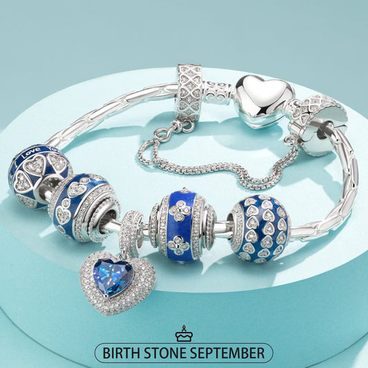 gona- Sterling Silver Starlit Azure September Sapphire Charms Bracelet Set In White Gold Plated (Includes bracelet and all charms shown)