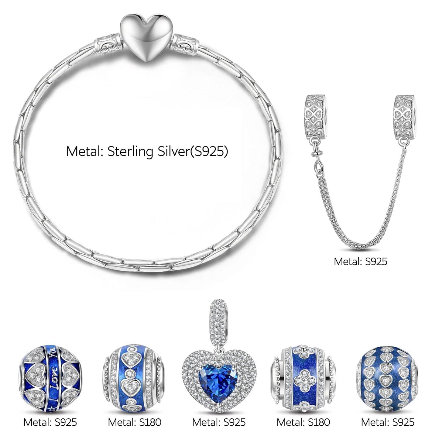 Sterling Silver Starlit Azure September Sapphire Charms Bracelet Set In White Gold Plated (Includes bracelet and all charms shown)
