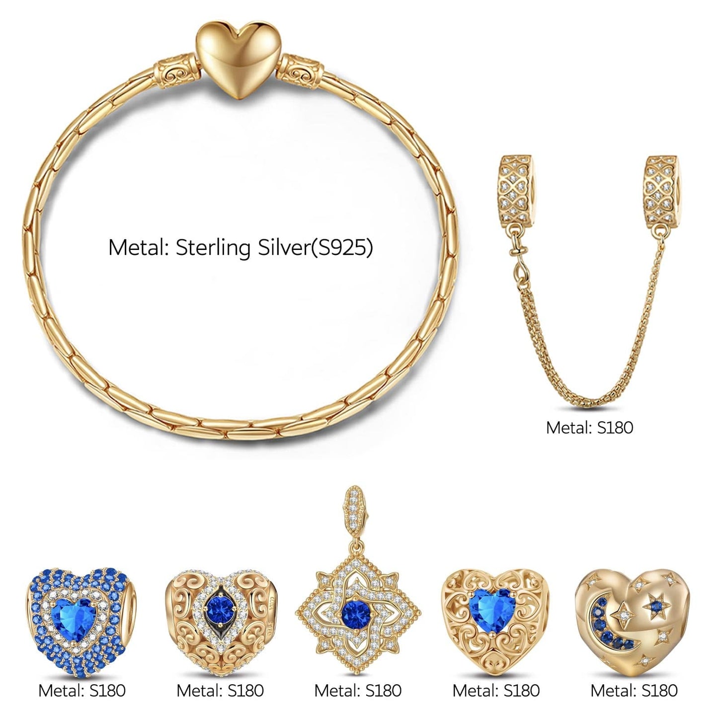 Mystic Hues September Sapphire Tarnish-resistant Silver Charms Bracelet Set In 14K Gold Plated (Includes bracelet and all charms shown)