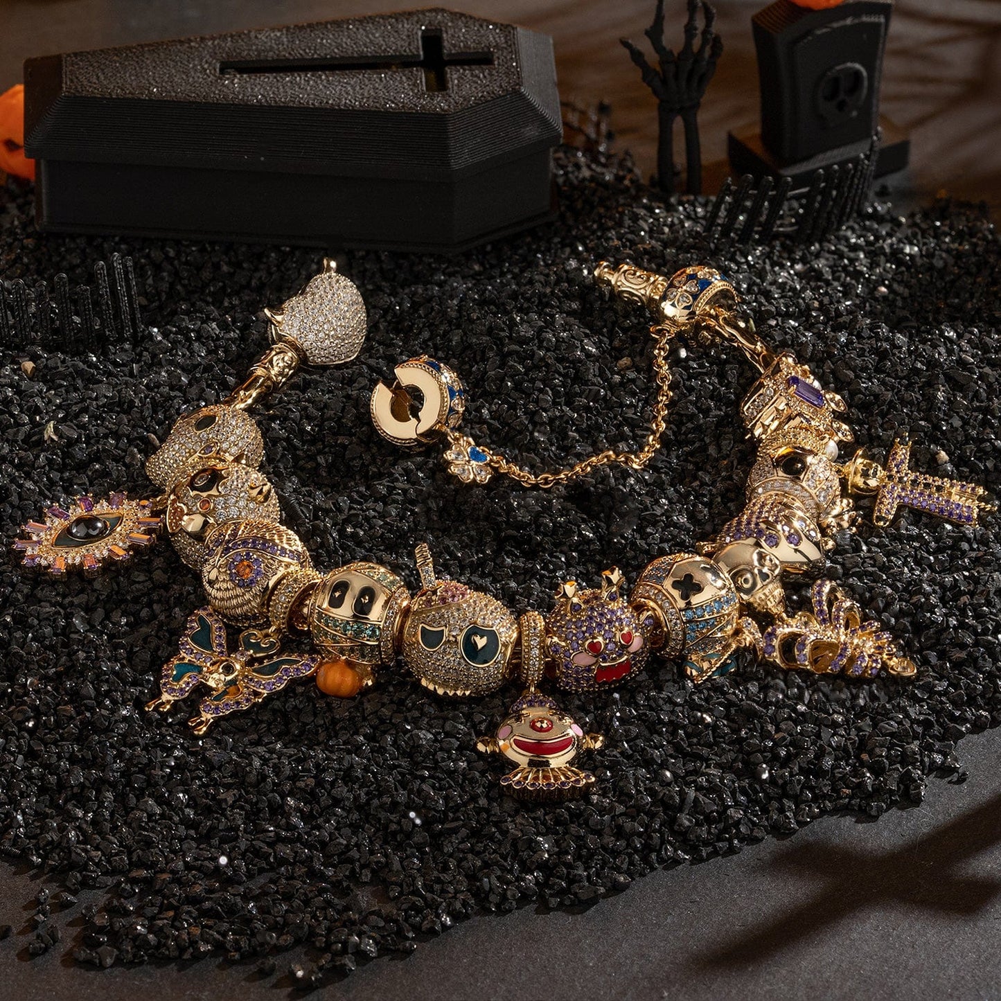 Sterling Silver Spooktacular Charms Bracelet Set With Enamel In 14K Gold Plated (Includes bracelet and all charms shown)