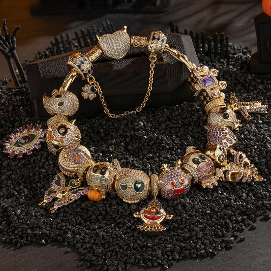 gona- Sterling Silver Spooktacular Charms Bracelet Set With Enamel In 14K Gold Plated (Includes bracelet and all charms shown)