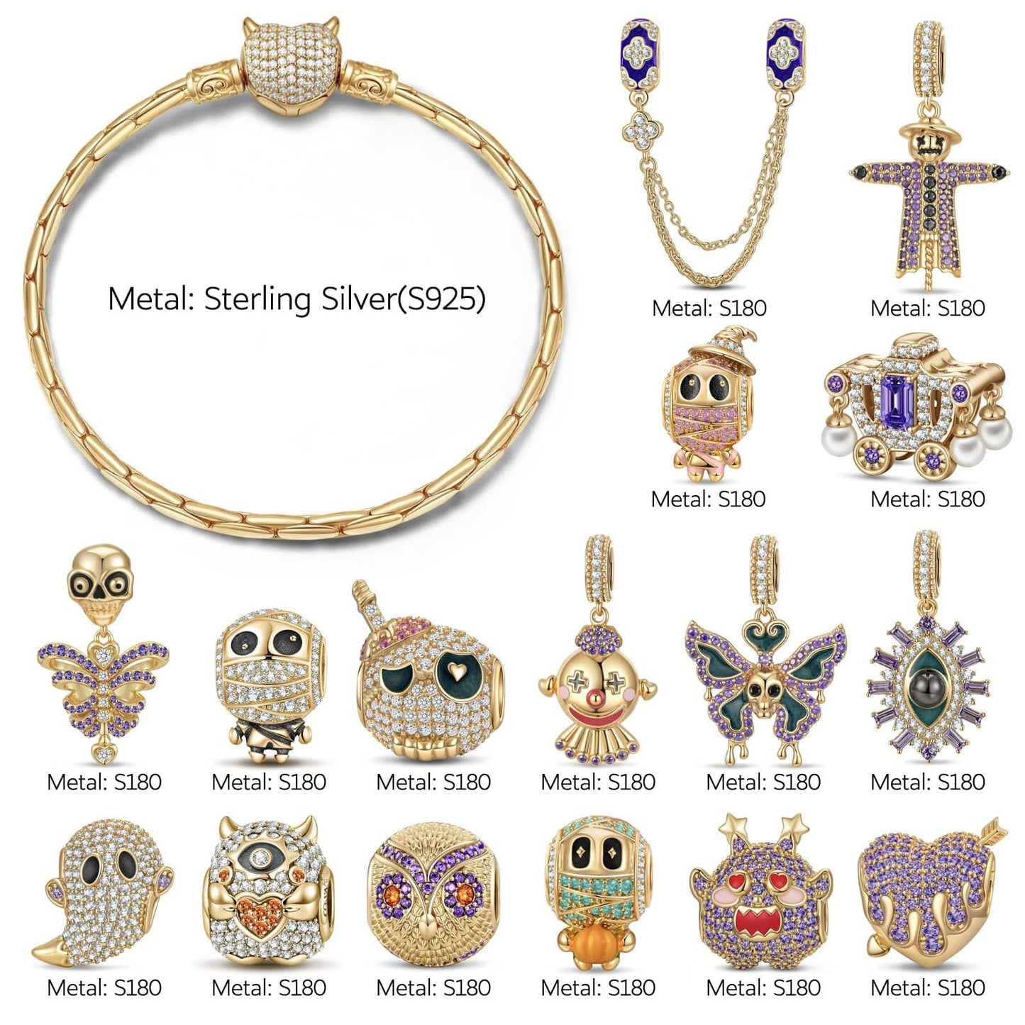Sterling Silver Spooktacular Charms Bracelet Set With Enamel In 14K Gold Plated (Includes bracelet and all charms shown)