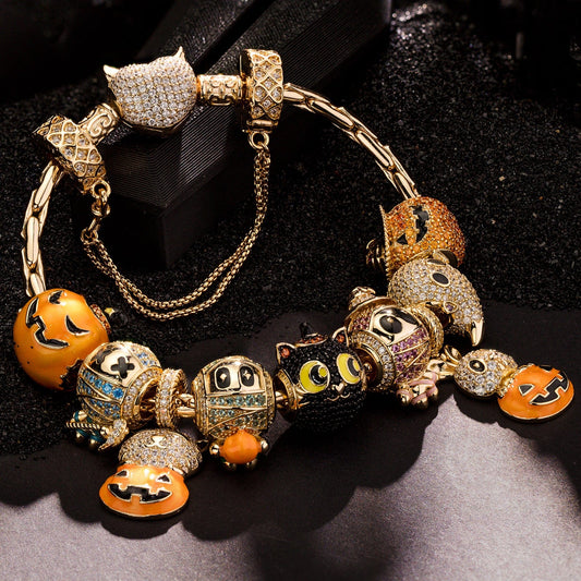gona- Sterling Silver Whimsical Darkness Charms Bracelet Set With Enamel In 14K Gold Plated (Includes bracelet and all charms shown)