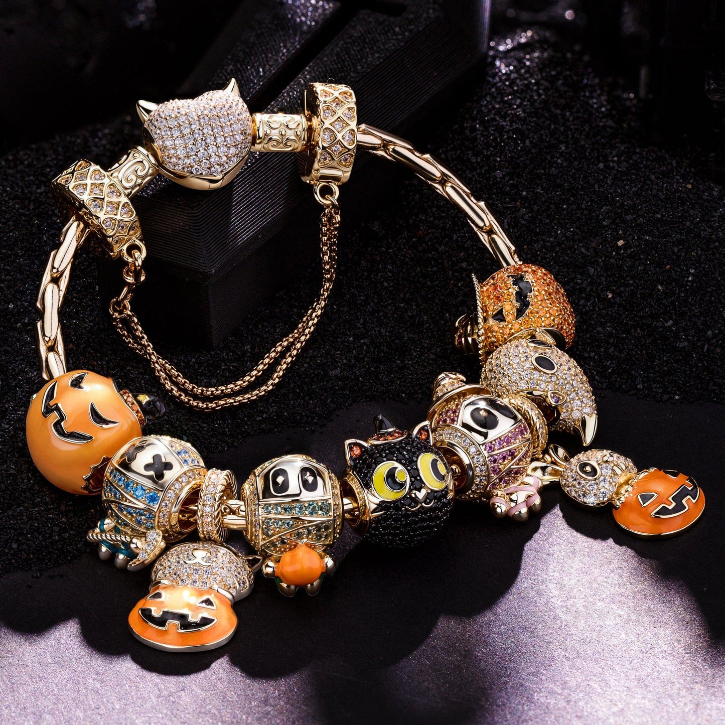 Sterling Silver Whimsical Darkness Charms Bracelet Set With Enamel In 14K Gold Plated (Includes bracelet and all charms shown)