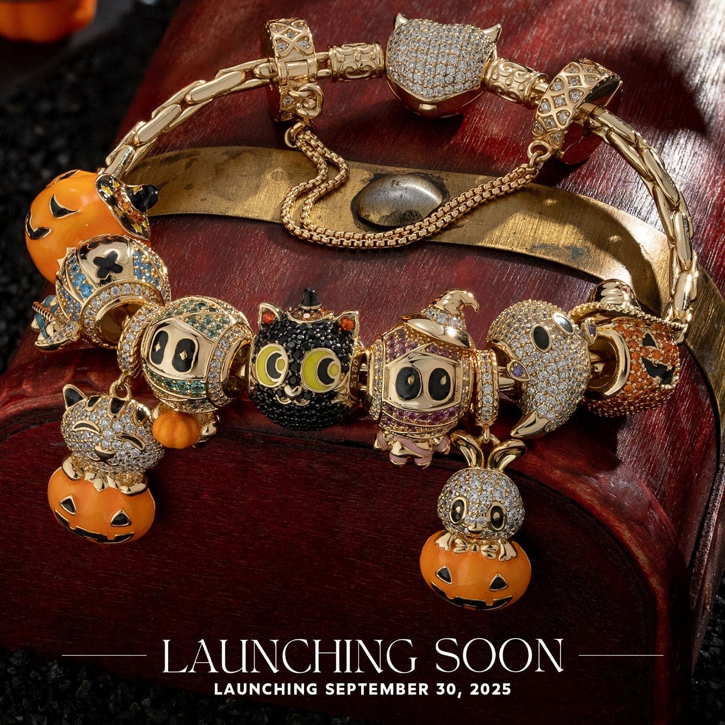 Sterling Silver Whimsical Darkness Charms Bracelet Set With Enamel In 14K Gold Plated (Includes bracelet and all charms shown)