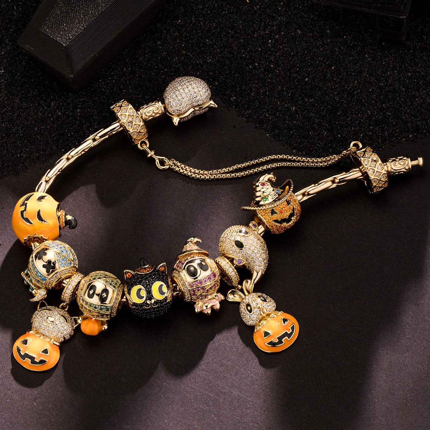 Sterling Silver Whimsical Darkness Charms Bracelet Set With Enamel In 14K Gold Plated (Includes bracelet and all charms shown)