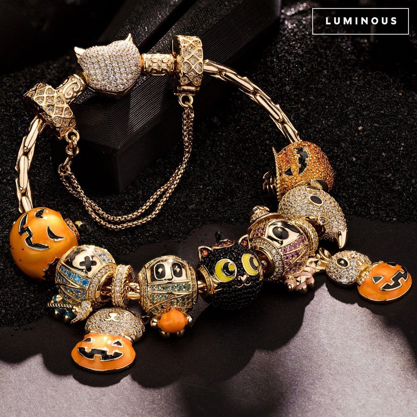 Sterling Silver Whimsical Darkness Charms Bracelet Set With Enamel In 14K Gold Plated (Includes bracelet and all charms shown)