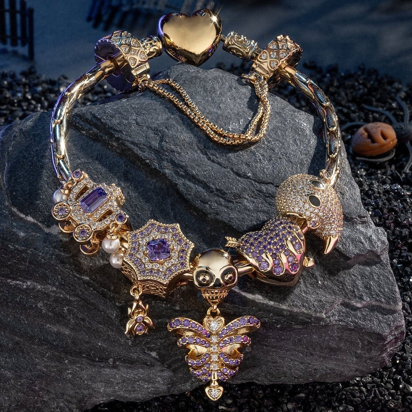 Sterling Silver Playful Phantoms Charms Bracelet Set With Enamel In 14K Gold Plated (Includes bracelet and all charms shown)