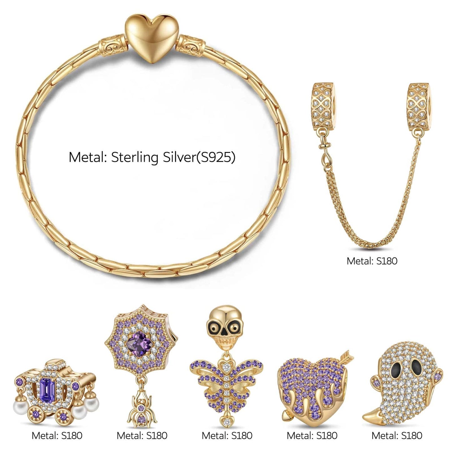 Sterling Silver Playful Phantoms Charms Bracelet Set With Enamel In 14K Gold Plated (Includes bracelet and all charms shown)