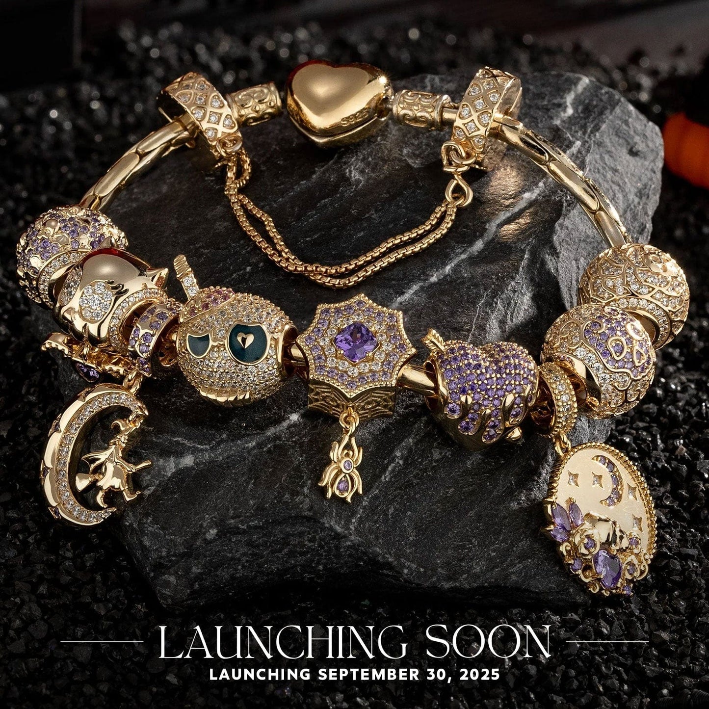 Sterling Silver Mystic Midnight Charms Bracelet Set With Enamel In 14K Gold Plated (Includes bracelet and all charms shown)