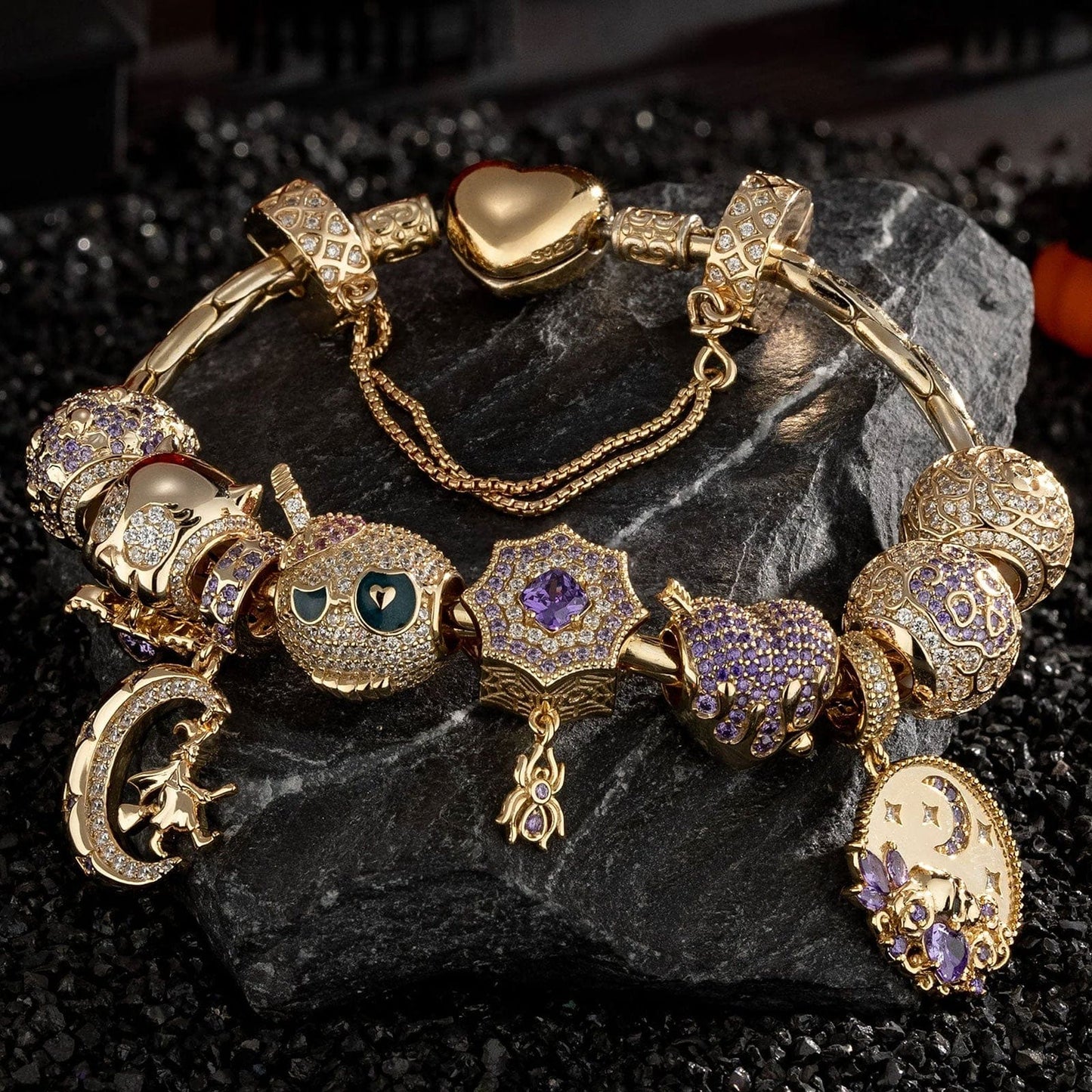 Sterling Silver Mystic Midnight Charms Bracelet Set With Enamel In 14K Gold Plated (Includes bracelet and all charms shown)