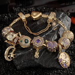 Sterling Silver Mystic Midnight Charms Bracelet Set With Enamel In 14K Gold Plated (Includes bracelet and all charms shown)